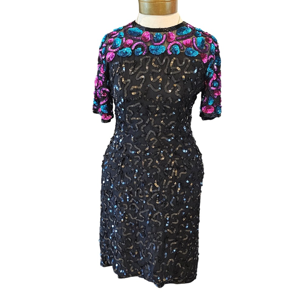 Stenay Vintage Silk Sequin Cocktail 'Dolly' Dress Black Teal Floral Sheath 4